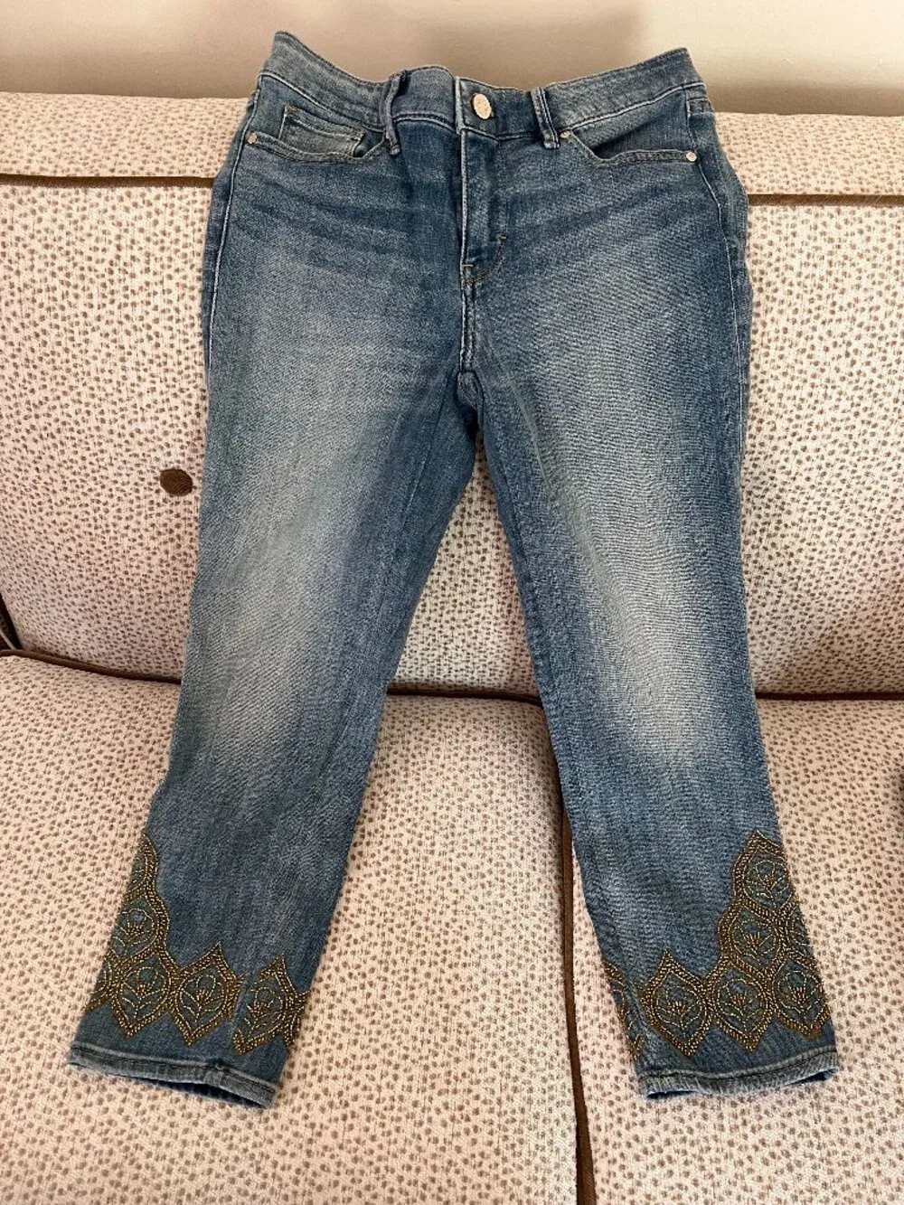 WHBM White House Black Market Slim Crop Jeans Size 2 Gold Beaded Embellished Hem